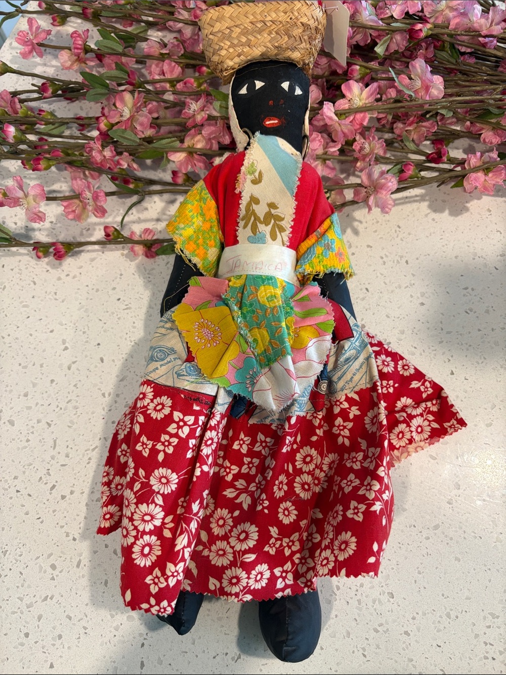 Handmade Folk Doll with Red Floral Skirt